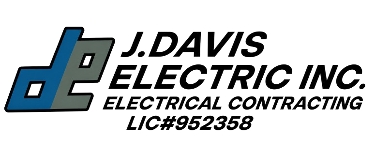 Blue and gray "de" logo design next to black text reading "J. Davis Electric Inc. Electrical Contracting Lic #952358" on a black background.