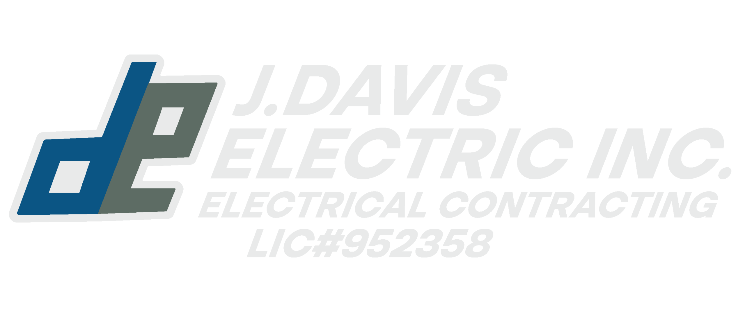 Blue and gray "de" logo design next to black text reading "J. Davis Electric Inc. Electrical Contracting Lic #952358" on a with transparent background.
