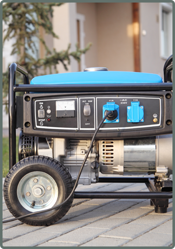 A portable generator with a blue top and black control panel is on a paved surface outside a house. The panel shows outlets, switches, and a power cable.