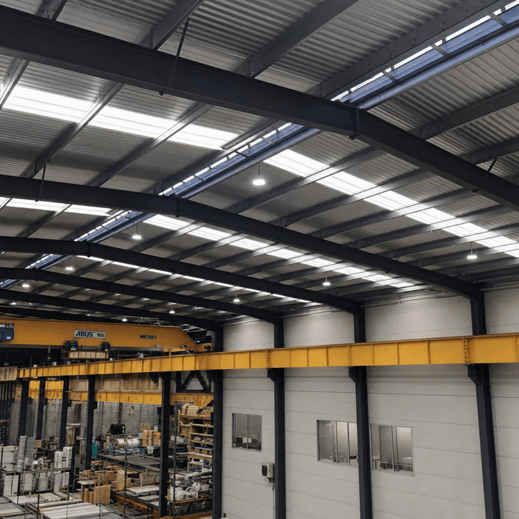 Spacious industrial warehouse interior with metal roof and skylights, featuring a yellow overhead crane and neatly stacked materials below.