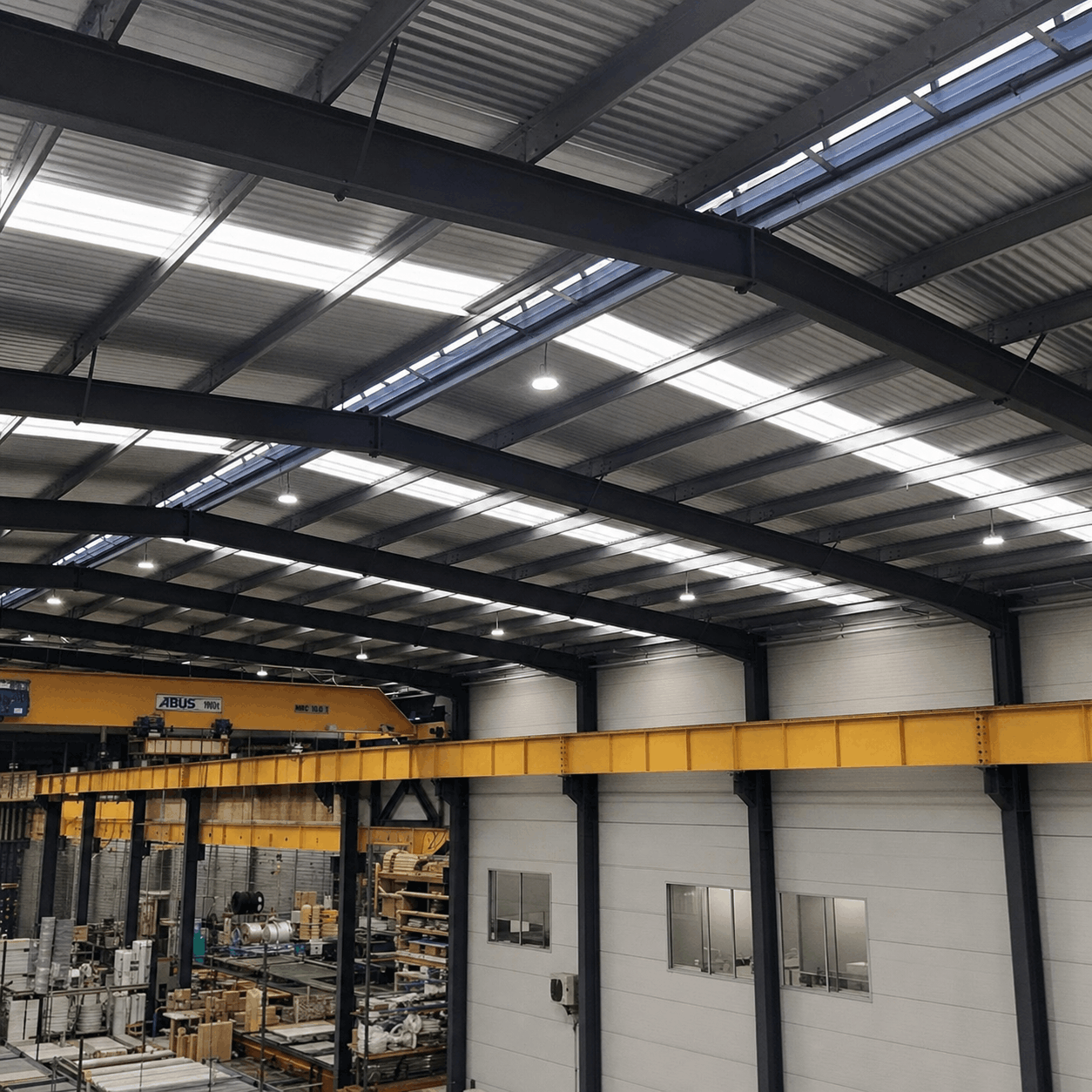 Spacious industrial warehouse interior with metal roof and skylights, featuring a yellow overhead crane and neatly stacked materials below.