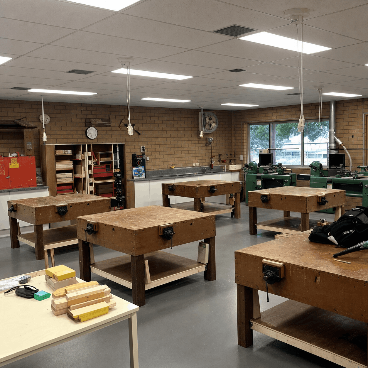 A woodworking classroom with large wooden workbenches, bright lighting, and organized shelves. Tools are neatly stored, conveying a tidy, educational environment.