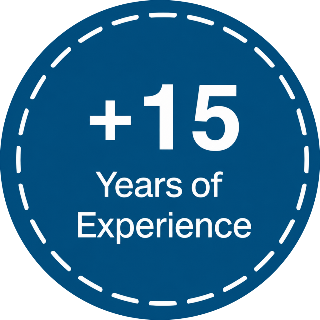 Blue circular badge with white dashed border, featuring bold text "+15 Years of Experience" in the center, conveying reliability and expertise.
