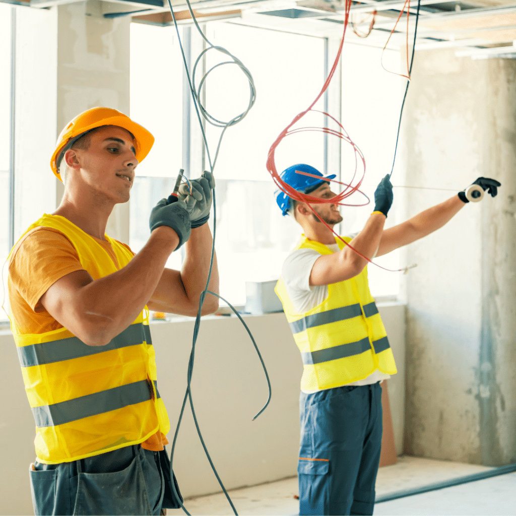 Two construction workers in yellow vests and helmets install wiring inside a building. One adjusts cables, while the other secures them, focused and diligent.