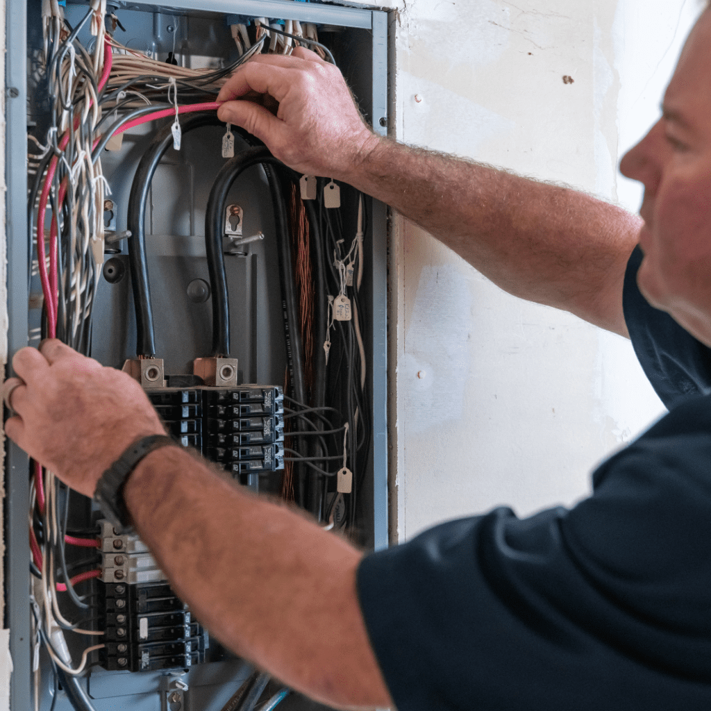 A person is working on an open electrical panel, adjusting wires. The scene conveys focus and precision in a technical environment.