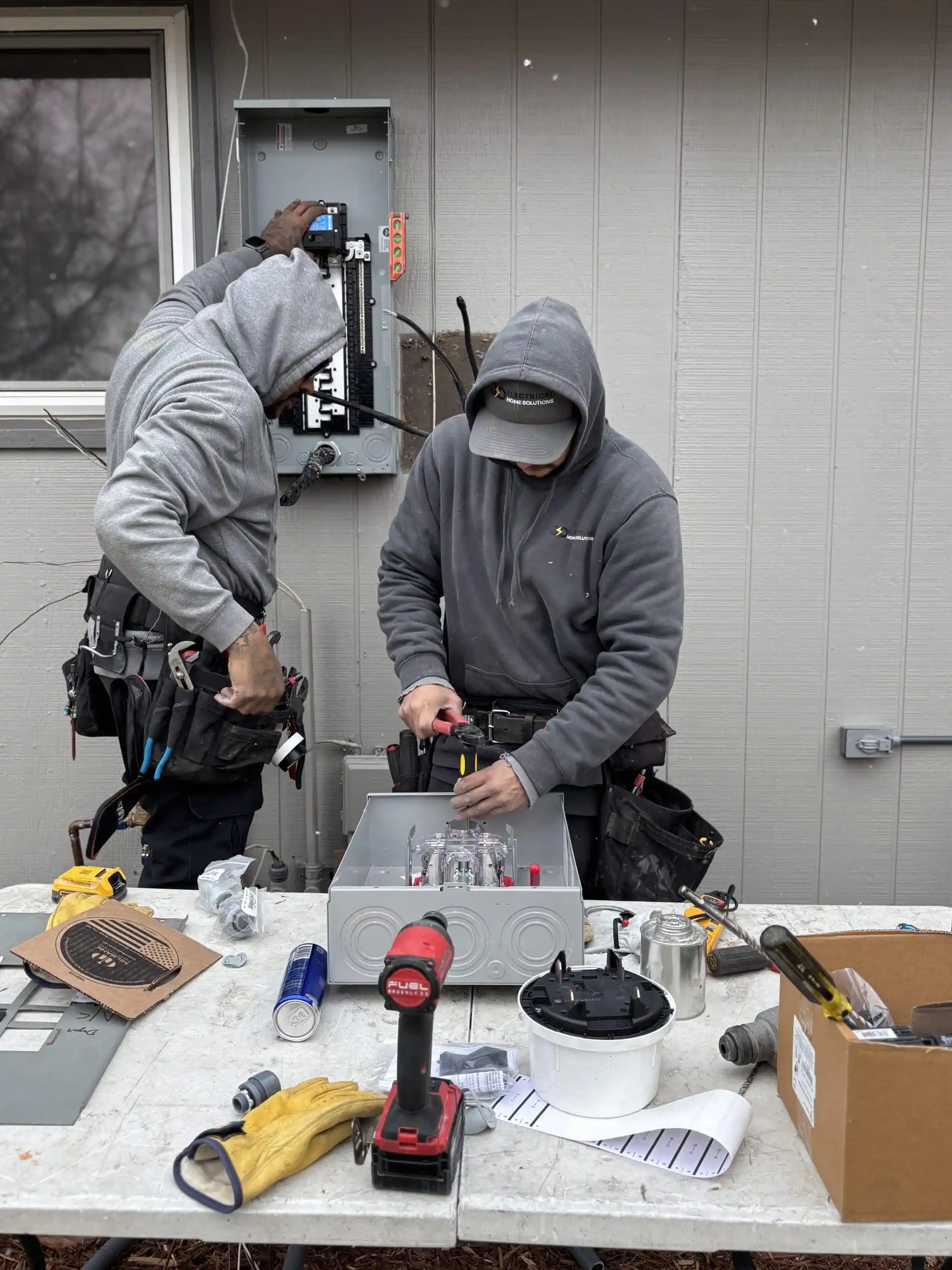 Two electricians in gray hoodies work on an outdoor electrical panel. One is adjusting wires while the other uses a screwdriver at a workbench. Tools and equipment are scattered on the table, conveying a focused and industrious atmosphere.