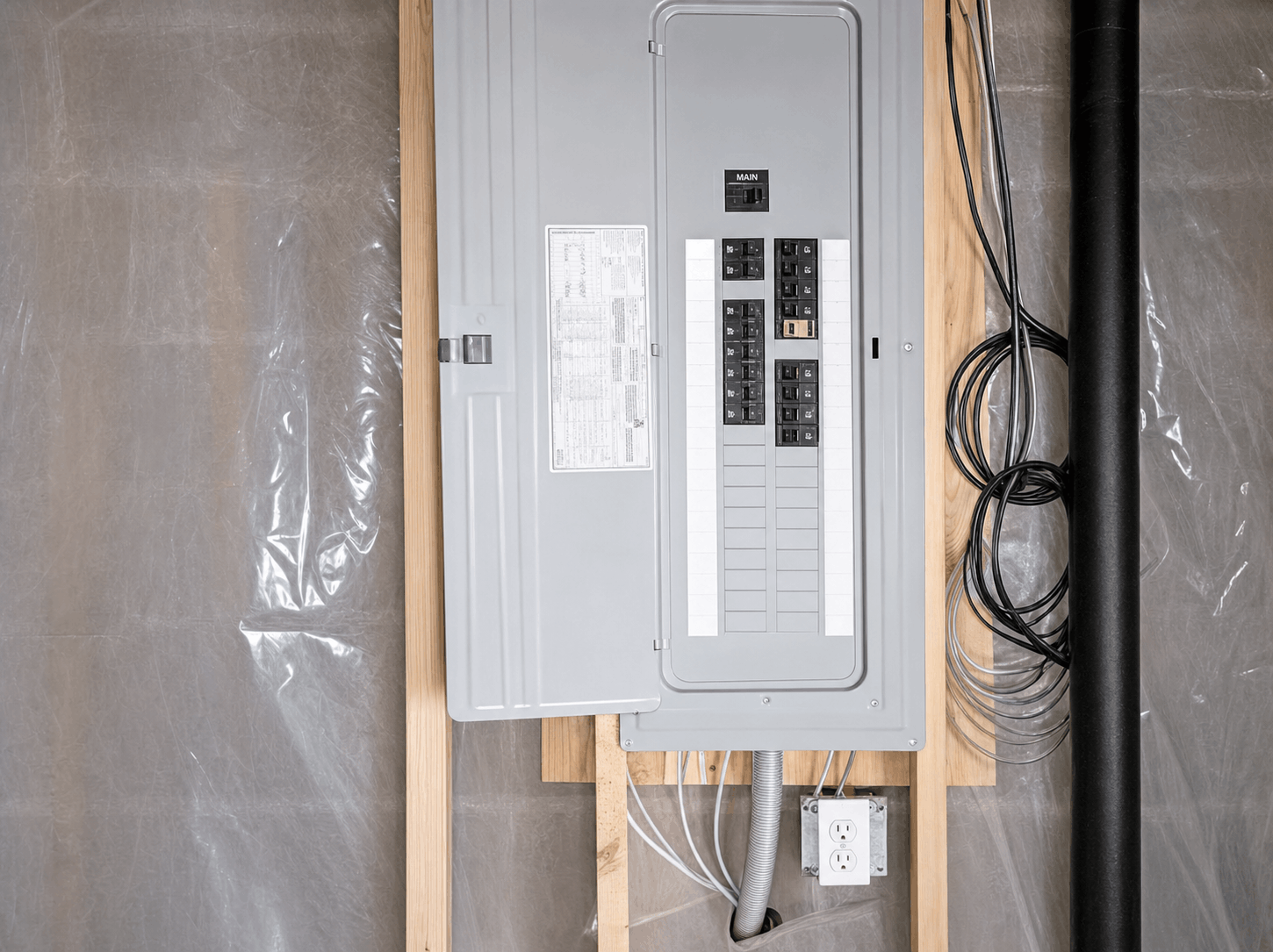 Open electrical breaker panel with switches and wiring against a wall. Exposed wood framing and a conduit with an outlet are visible, conveying utility and safety.
