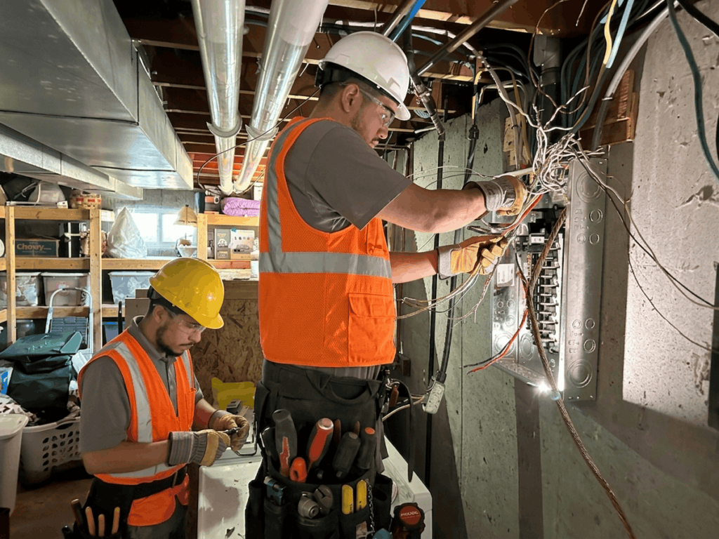 Two electricians work in a dimly lit basement. One stands at an open electrical panel with wiring exposed, while the other inspects tools.