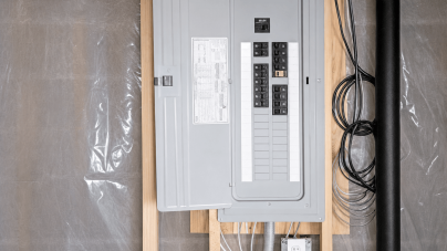 Open electrical breaker panel with switches and wiring against a wall. Exposed wood framing and a conduit with an outlet are visible, conveying utility and safety.